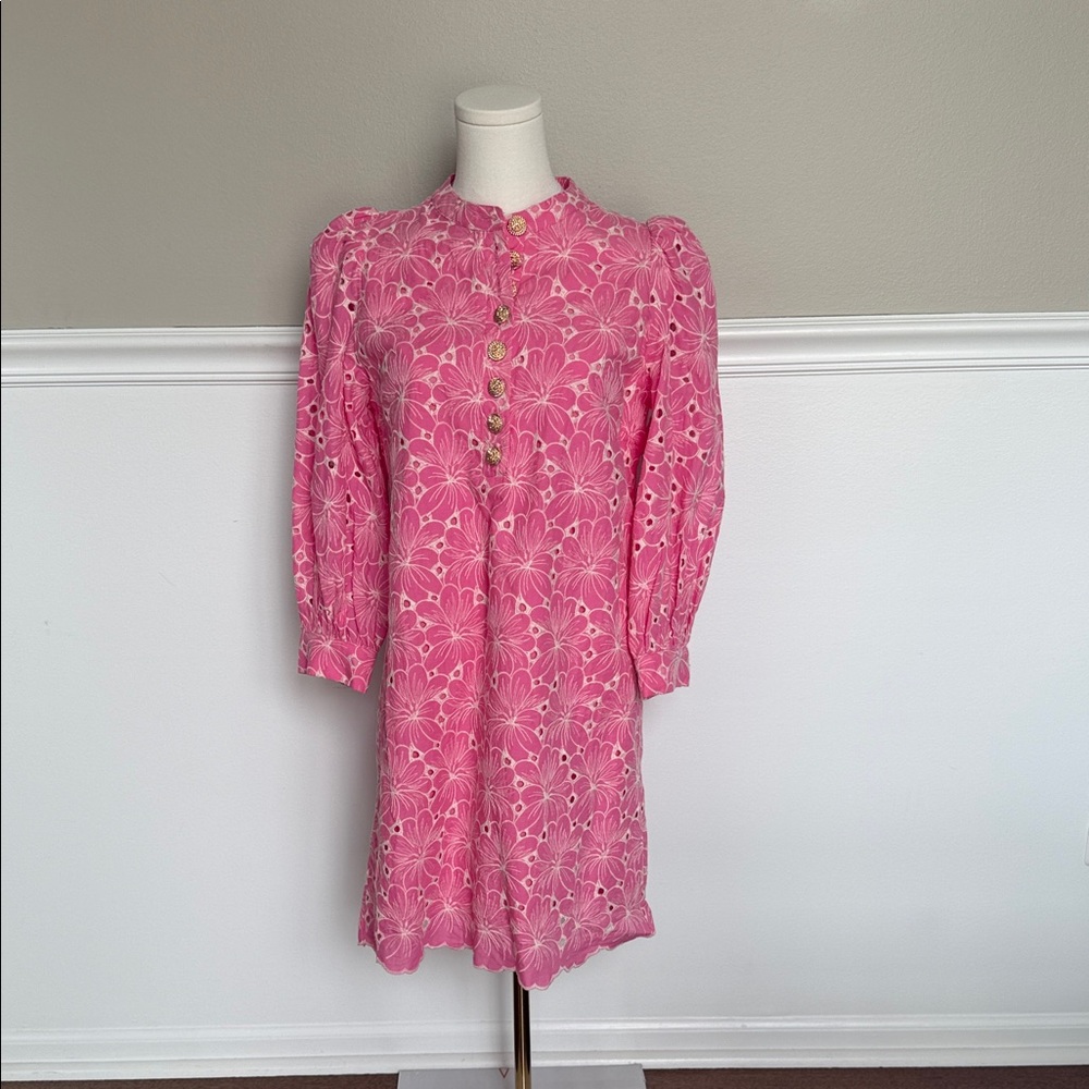 Pomander Place Hot Pink Eyelet Lace Button popover dress